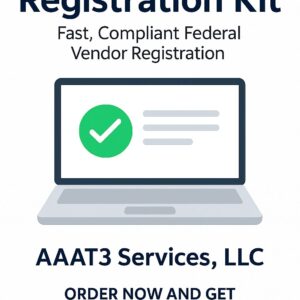 SAM.gov registration kit flyer showing AAAT3 Services and federal vendor support