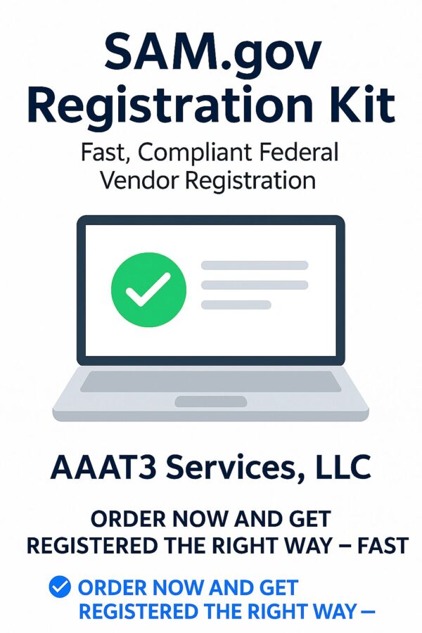 SAM.gov registration kit flyer showing AAAT3 Services and federal vendor support